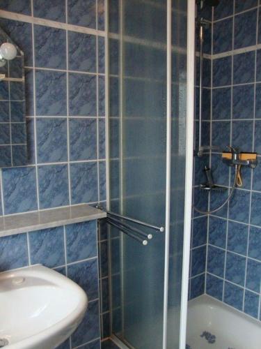 a blue tiled bathroom with a shower and a sink at Ferienwohnung-Dresden-Sued in Dresden