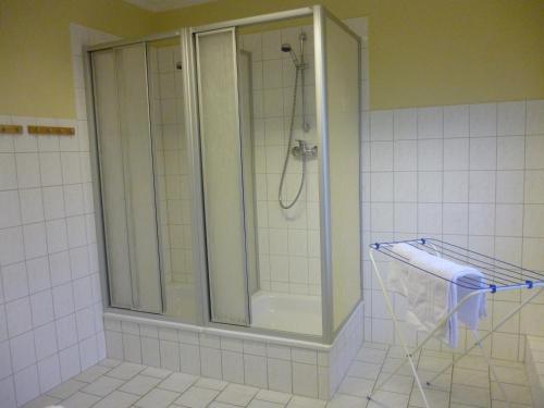 a shower with a glass door in a bathroom at Hostel & Bistro Haus der Horizonte in Bad Doberan