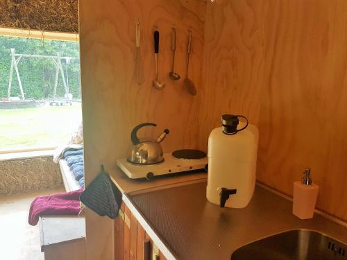 a kitchen with a sink and a kettle on a counter at Minicamping Aan de Waterspiegel in Aagtekerke