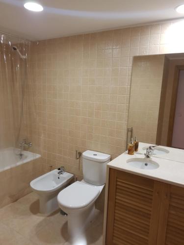 a bathroom with a toilet and a sink and a tub at Caia Formosa T1 in Cabanas de Tavira
