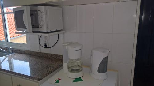 eine Küche mit einer Mikrowelle und 2 Mülltonnen in der Unterkunft Ribeira Brava Studio Sea View in Ribeira Brava