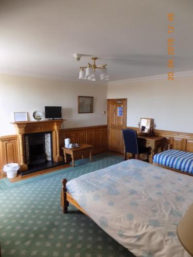 a bedroom with a bed and a desk and a fireplace at The Londesborough Arms bar with en-suite rooms in Market Weighton