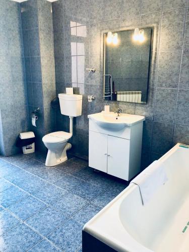 a bathroom with a sink and a toilet and a tub at Timona Confort in Eforie Nord