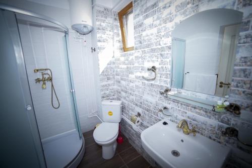 a bathroom with a toilet and a sink and a shower at Casa Baran Vama Veche in Vama Veche