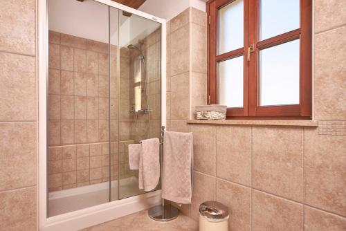 a bathroom with a shower with a glass door at Villa Sujevic in Motovun