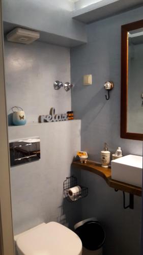 a bathroom with a white toilet and a sink at Vernon Villa Stone 1887 in Kastoria