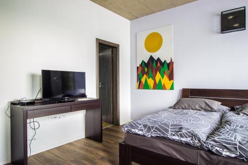 a bedroom with a bed and a flat screen tv at HOTEL 63 in Poprad