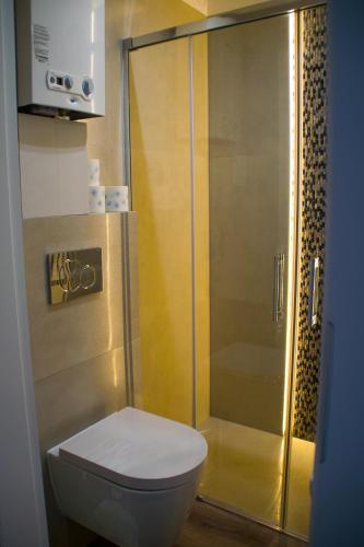a bathroom with a toilet and a glass shower at Mieszkanie Świdnik in Świdnik