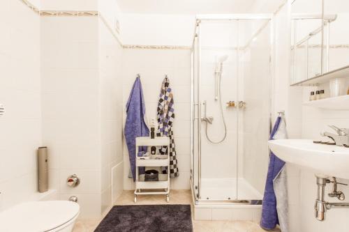 ein Bad mit einer Dusche, einem WC und einem Waschbecken in der Unterkunft Studio Lux city in Luxemburg (Stadt)