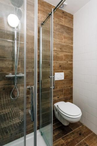 a bathroom with a toilet and a glass shower at Penzion V Roklich & Apartmens V Roklich in Ricany