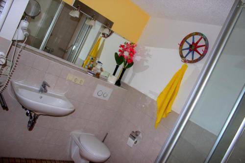 a bathroom with a sink and a toilet at Donau Pension in Tuttlingen