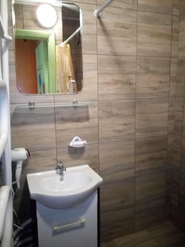 a bathroom with a sink and a mirror at Nakvynė Anykščių centre in Anykščiai
