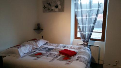 オセールにあるBeau logement au cœur du centre ville d'AUXERREのベッドルーム1室(赤い枕のベッド1台、窓付)