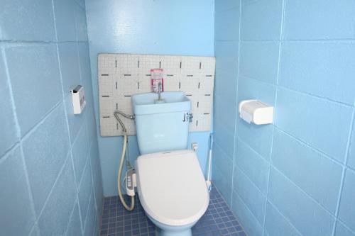 a bathroom with a white toilet in a blue wall at Sunset Hill Bise in Motobu