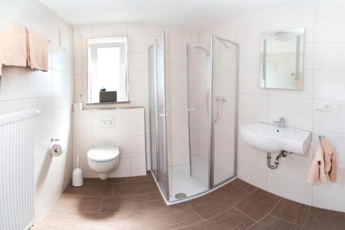 een badkamer met een douche, een toilet en een wastafel bij Gästehaus Hötzl in Galgweis