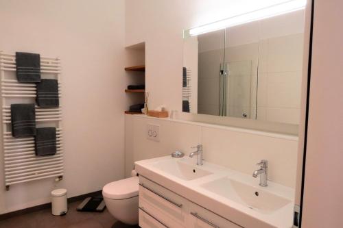 a bathroom with a sink and a toilet and a mirror at Paracelsus Locarno Stadt Wohnung in Locarno