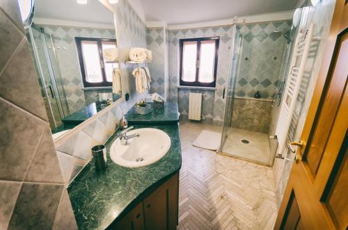 uma casa de banho com um lavatório e um chuveiro em Lu Palazzeddu em Aggius