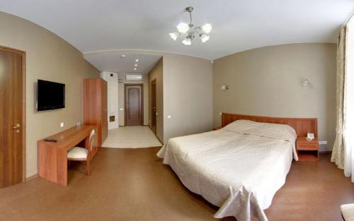 a bedroom with a bed and a desk and a television at Aximaris furnished rooms in Saint Petersburg