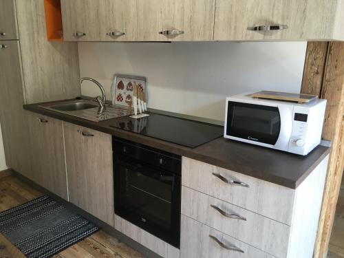 a small kitchen with a microwave and a sink at Antica Casa Nella in Venas