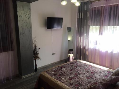 a bedroom with a bed and a tv on the wall at Ana Apartament in Mamaia Nord