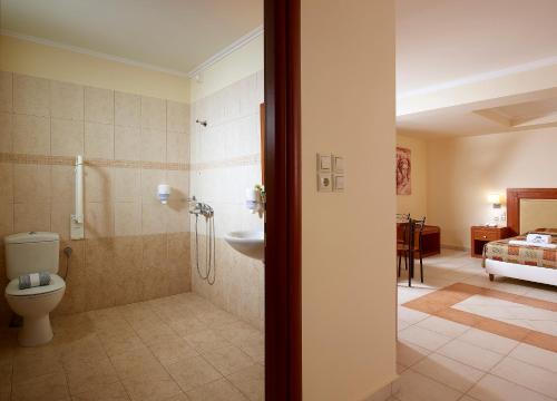a bathroom with a shower and a toilet and a bed at Avantis Suites Hotel in Eretria