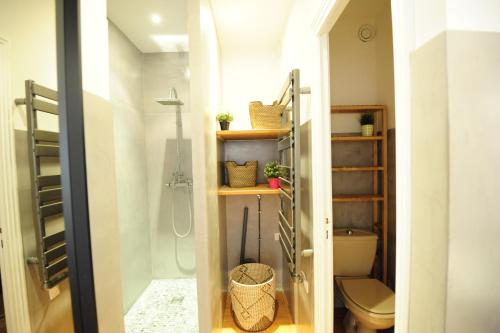 a small bathroom with a shower and a toilet at T2 Terrasse Vue Mer - Route des Sanguinaires in Ajaccio