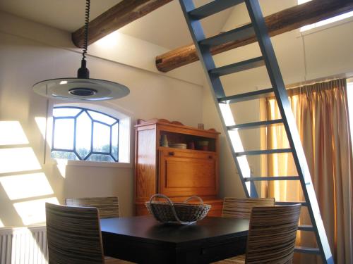 a dining room with a table and chairs and a ladder at Villa Selva in Loppersum