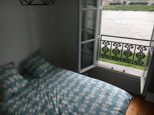 een slaapkamer met een bed naast een raam bij 5 Quai de l'Abbé Grégoire in Blois
