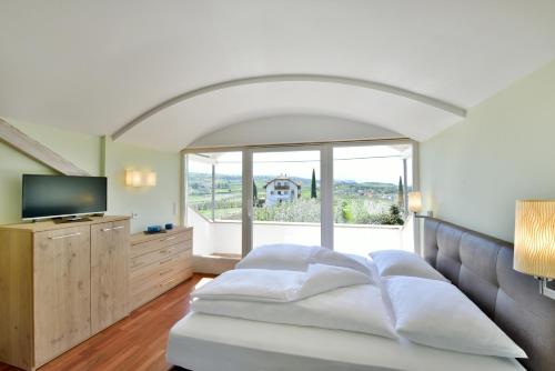 ein Schlafzimmer mit einem Bett und einem großen Fenster in der Unterkunft Villa Raifer in Appiano sulla Strada del Vino