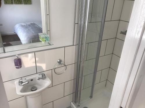 W łazience znajduje się prysznic i umywalka. w obiekcie The Dalbury and Palmer Hotel with FREE PARKING w Sheffield