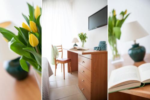 a room with a desk with a tv and a book at Hotel Europa in Finale Ligure