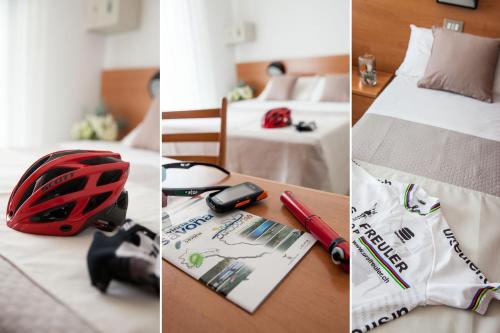 three pictures of a hotel room with a helmet on a bed at Hotel Europa in Finale Ligure