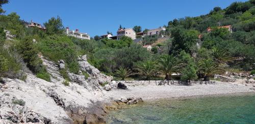 a group of houses on a hill next to a beach at Villa Matic in Vela Luka