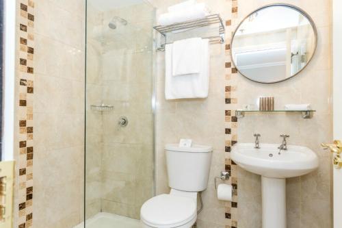 a bathroom with a shower and a toilet and a sink at Stauntons on the Green Hotel in Dublin