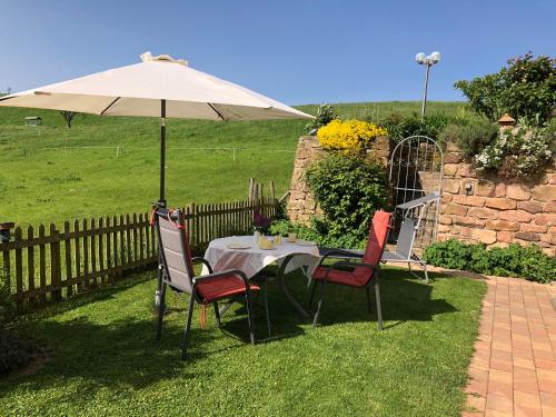 einen Tisch und zwei Stühle unter einem Regenschirm im Gras in der Unterkunft Ferienwohnung Anita in Michelstadt