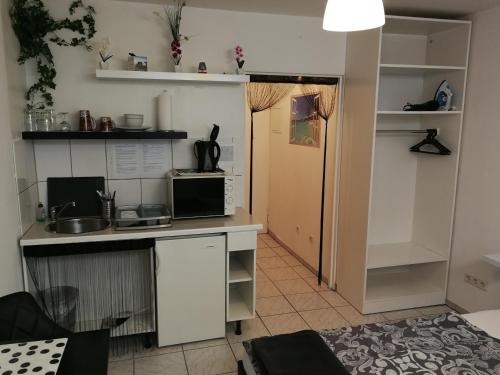 eine kleine Küche mit einer Spüle und einer Mikrowelle in der Unterkunft 1 Zimmer Apartment KLEIN aber FEIN in Fürth