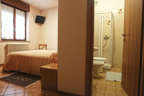sypialnia z łóżkiem, prysznicem i toaletą w obiekcie Albergo Gusmeroli w mieście Tirano