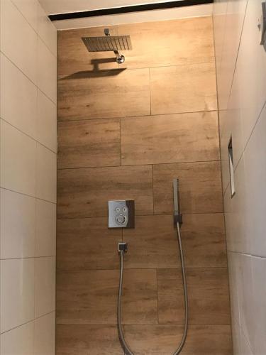 eine Dusche im Bad mit einer Holzwand in der Unterkunft FeWo Weisweil in Weisweil