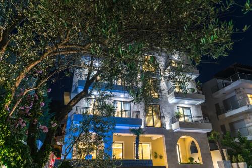an apartment building at night with trees at B&B Amfora in Petrovac na Moru