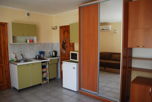 a small kitchen with a sink and a microwave at Bozhur Guest House in Odesa