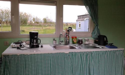 um balcão de cozinha com um lavatório e duas janelas em Bed & Breakfast ARKEN AE em Zuiderwoude
