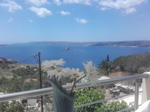 a vase with flowers on a balcony with a view of the water at Olympic View Guesthouse in Kalami