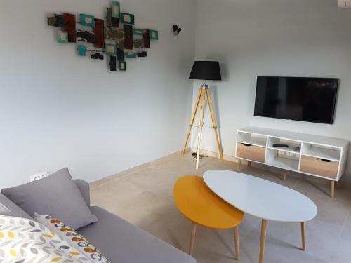 a living room with a couch and a table and a tv at Gite Les Lavandes in Vaison-la-Romaine