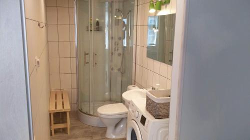 La salle de bains est pourvue d'une douche, de toilettes et d'un lavabo. dans l'établissement Oakcorner Place Apartment, à Haapsalu
