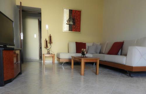Televisyen dan/atau pusat hiburan di Chrissi's house with garden and sea view Zerviana