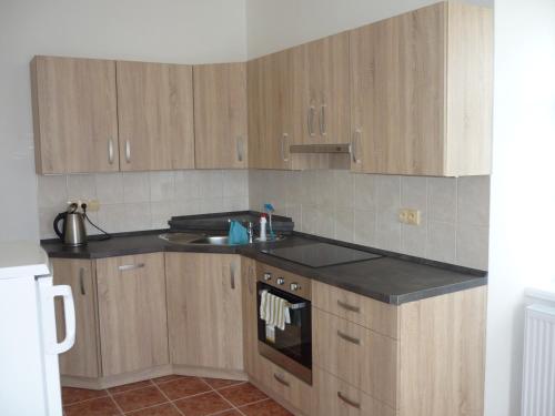 a kitchen with wooden cabinets and a sink and a stove at Zámek Dobrohoř in Dobrohoř