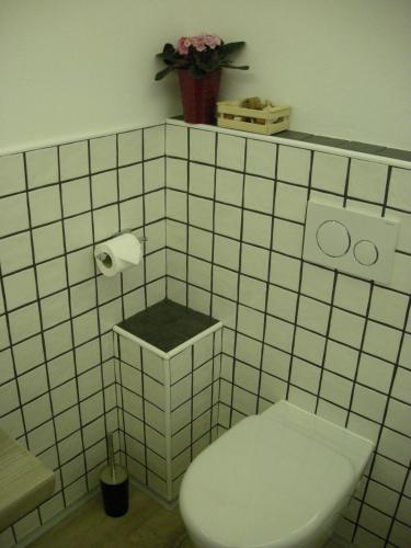 a white tiled bathroom with a toilet and toilet paper at B&B Il Crocevia in Teglio