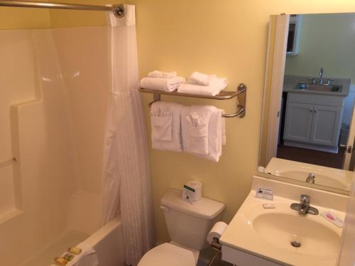 y baño con aseo, lavabo y ducha. en Topsail Shores Inn en Sneads Ferry
