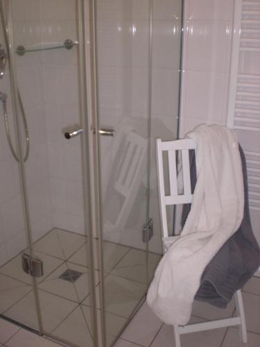 a shower with a glass door and a chair with a towel at Meer and Mehr in Zingst