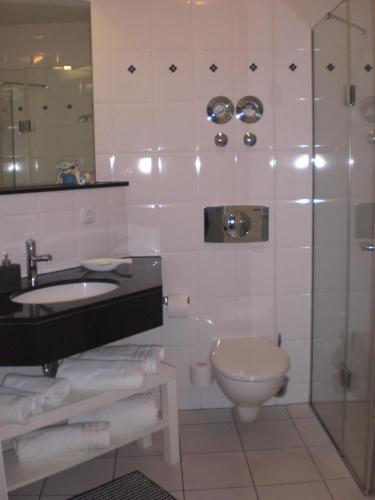 a bathroom with a toilet and a sink and a shower at Meer and Mehr in Zingst